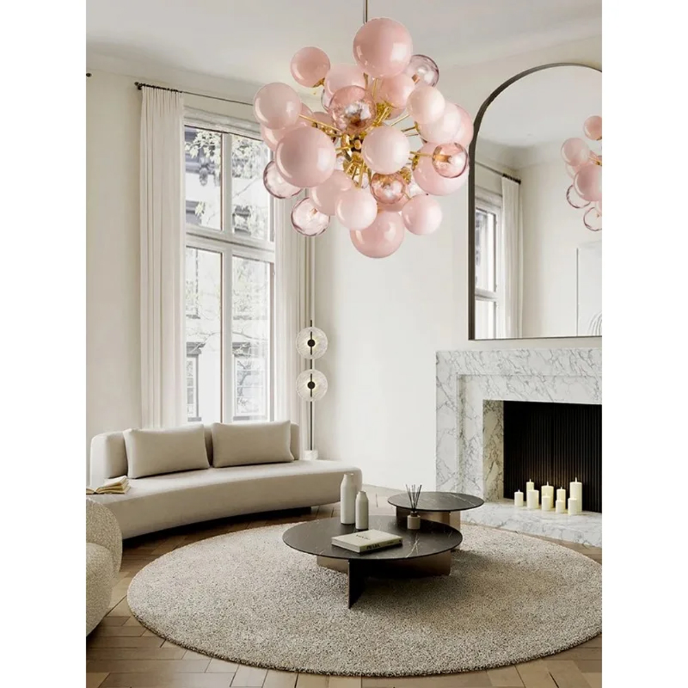 Люстра розовые шары на золотом каркасе Pink Light Bubbles