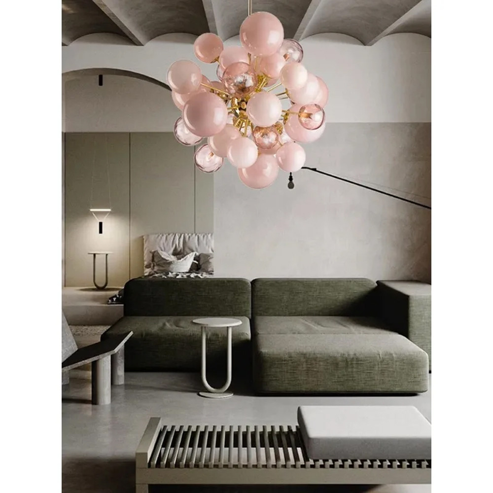 Люстра розовые шары на золотом каркасе Pink Light Bubbles