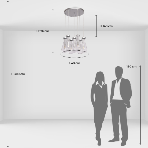 Люстра с 7-ю прозрачными плафонами из стекла в форме капли на круглом потолочном основании цвета хром Lucid Rain