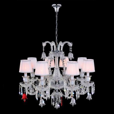 Люстра с 8-ю белыми текстильными абажурами и хрустальными подвесками Lustre Reverie