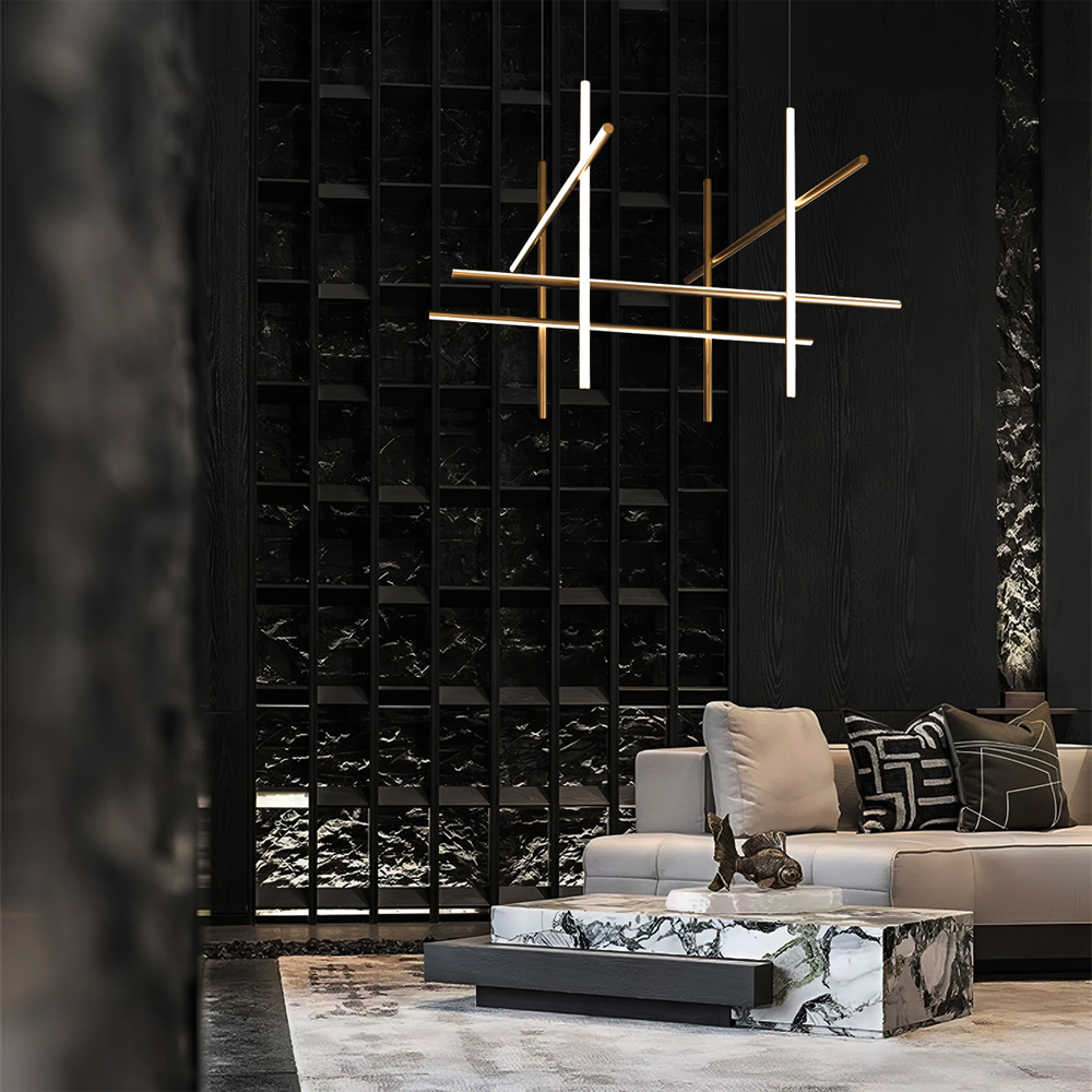 Люстра с 8-ю пересекающимися цилиндрическими плафонами на тонких тросах Trumpet tube