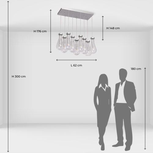 Люстра с 9-ю прозрачными плафонами из стекла в форме капли на прямоугольном потолочном основании цвета хром Lucid Rain