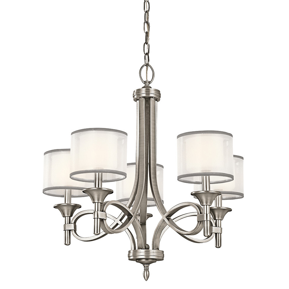 Люстра с белыми тканевыми абажурами в прозрачных стеклянных цилиндрах Kichler