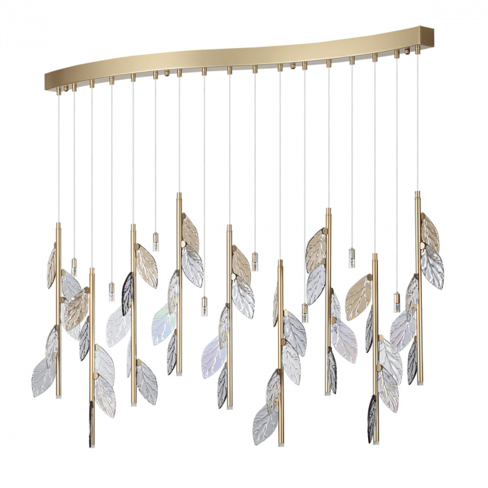 Люстра с золотистыми трубками и прозрачными стеклянными листьями на подвесах Sylva