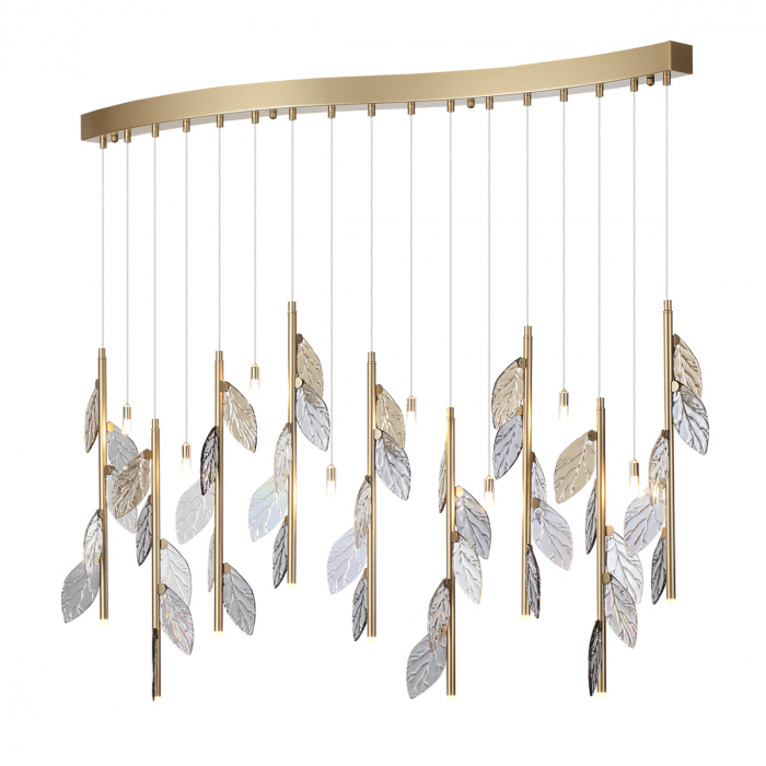 Люстра с золотистыми трубками и прозрачными стеклянными листьями на подвесах Sylva