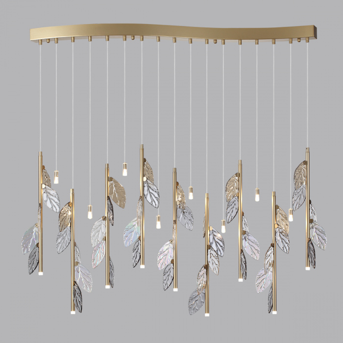 Люстра с золотистыми трубками и прозрачными стеклянными листьями на подвесах Sylva