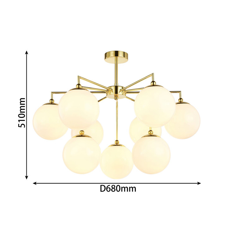 Люстра с золотым каркасом и  белыми плафонами Amuse 9 ламп