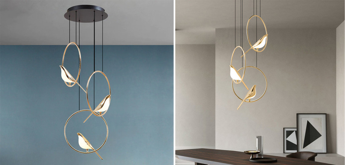 Люстра с золотыми птичками в кольцах NOMI Chandelier Three birds