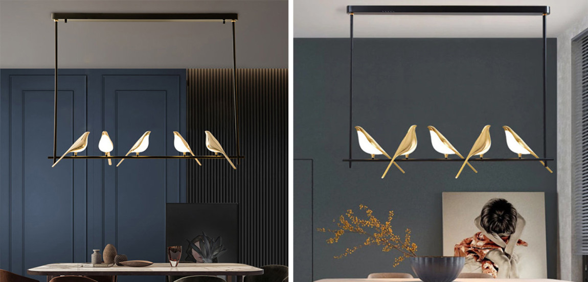 Люстра с золотыми птичками линейная NOMI Chandelier line  Five birds