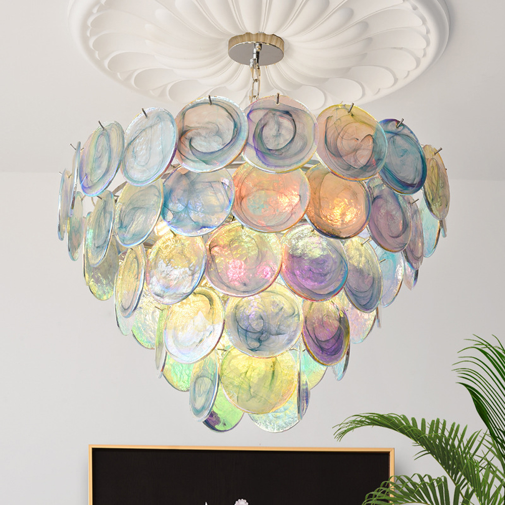 Люстра с каскадом из круглых разноцветных стеклянных дисков Mother of Pearl Iridescence