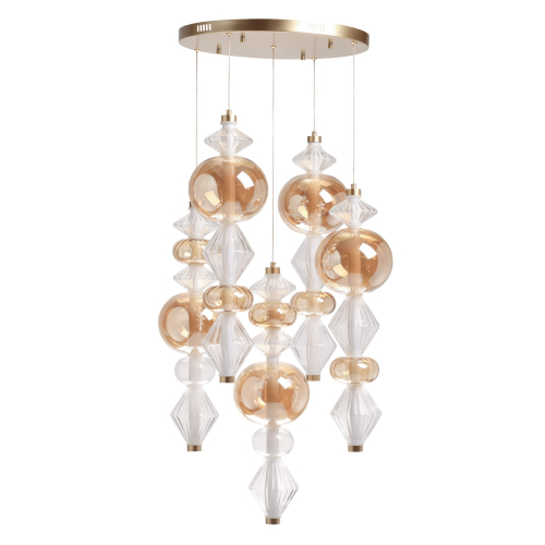 Люстра с плафонами из прозрачного и янтарного стекла в виде шаров и ромбов Gabriel Scott Luna