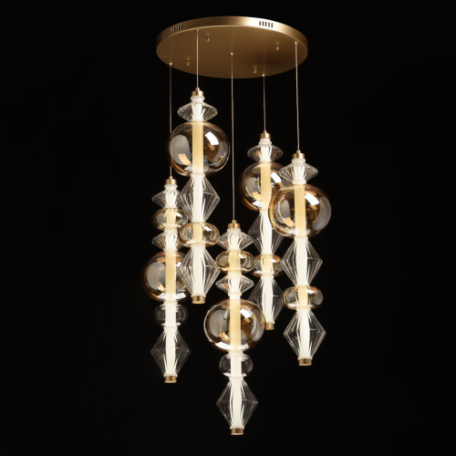 Люстра с плафонами из прозрачного и янтарного стекла в виде шаров и ромбов Gabriel Scott Luna