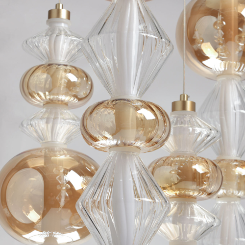 Люстра с плафонами из прозрачного и янтарного стекла в виде шаров и ромбов Gabriel Scott Luna