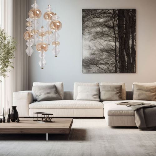 Люстра с плафонами из прозрачного и янтарного стекла в виде шаров и ромбов Gabriel Scott Luna