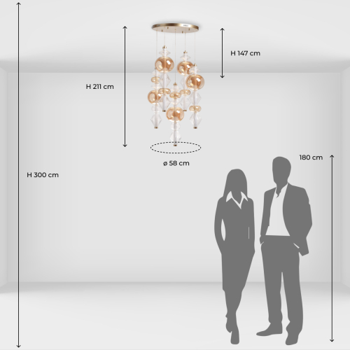 Люстра с плафонами из прозрачного и янтарного стекла в виде шаров и ромбов Gabriel Scott Luna