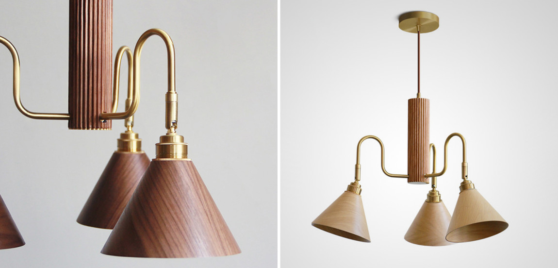 Люстра с поворотными плафонами конусообразной формы из дерева с латунной отделкой DOMENIC