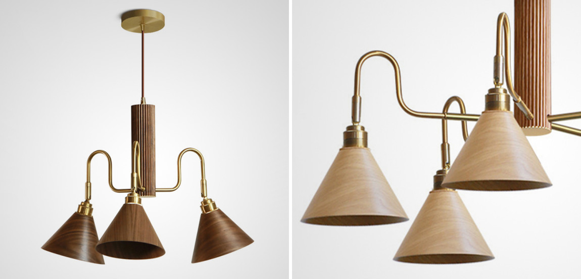 Люстра с поворотными плафонами конусообразной формы из дерева с латунной отделкой DOMENIC