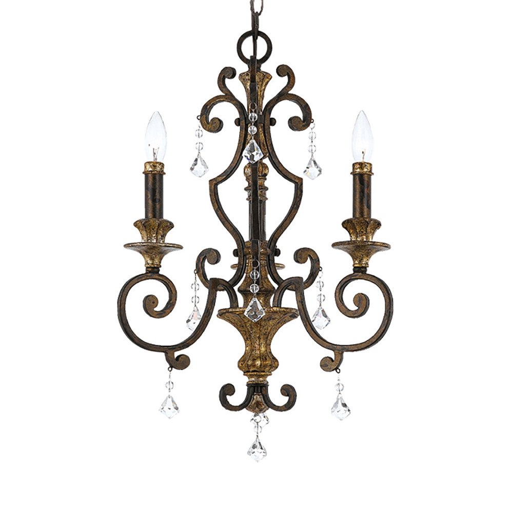 Люстра с подвесками из прозрачного стекла на кованом каркасе бронзового цвета в классическом стиле Quoizel