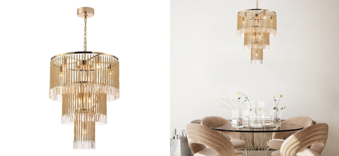 Люстра с подвесками из хрусталя на золотых цепочках Goldy