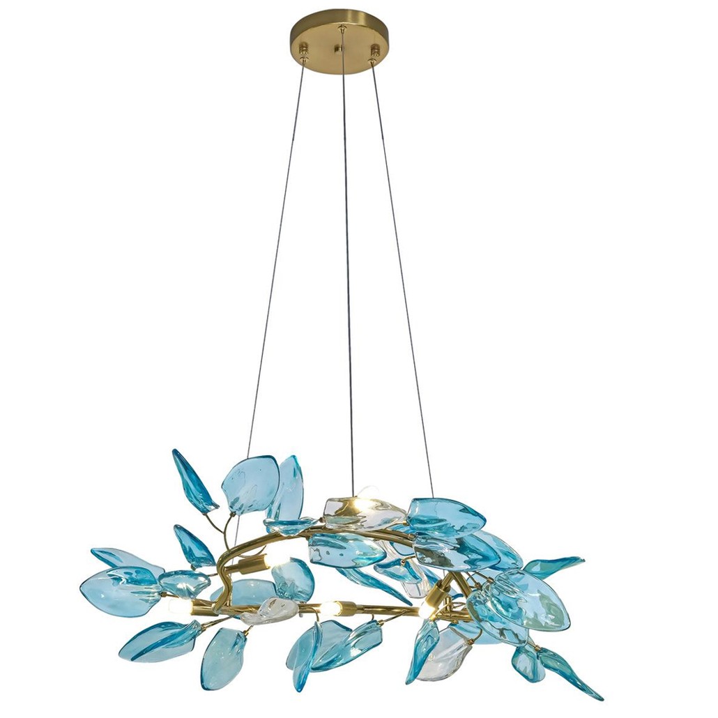 Люстра светодиодная золотистом каркасе с синими стеклянными листьями Blue Light Wreath