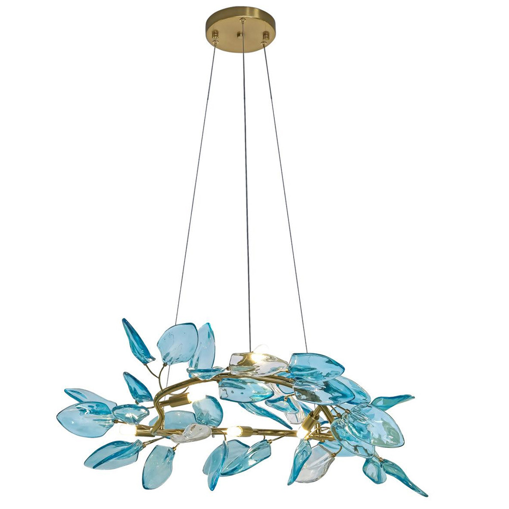 Люстра светодиодная золотистом каркасе с синими стеклянными листьями Blue Light Wreath