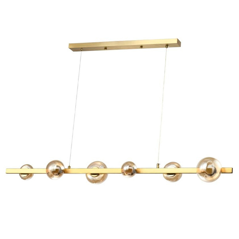 Люстра светодиодная линейная с 6-ю круглыми плафонами коньячного цвета Iona Chandelier Brass