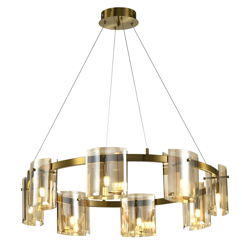 Люстра светодиодная с 8-ю цилиндрическими плафонами янтарного цвета из стекла и стали Andrea Сhandelier Amber