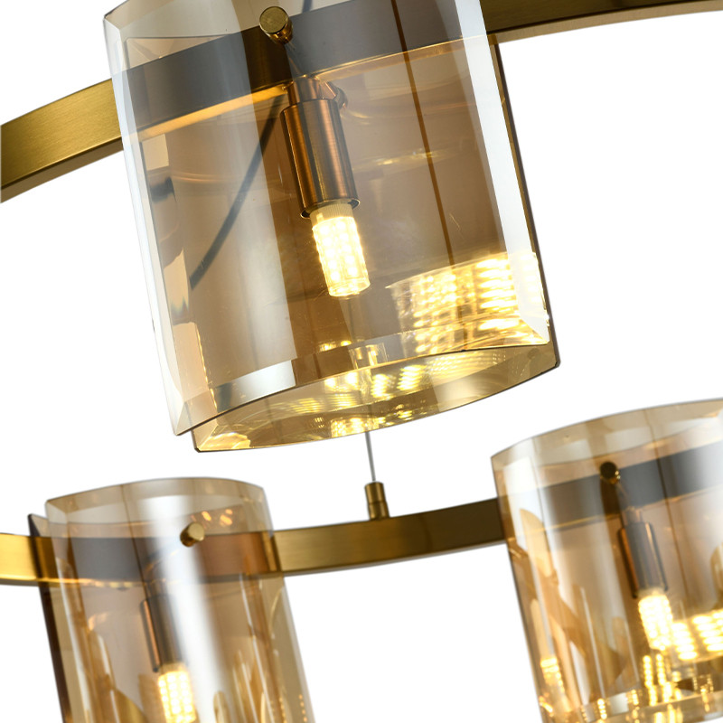 Люстра светодиодная с 8-ю цилиндрическими плафонами янтарного цвета из стекла и стали Andrea Сhandelier Amber