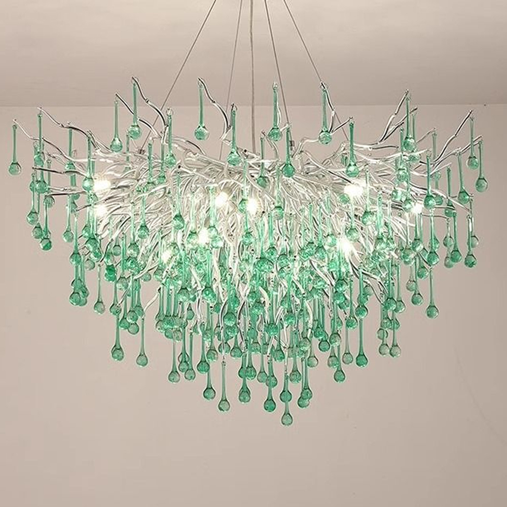 Люстра серебрянная с зелеными стеклянными подвесками в форме капель FAIRYTREE Light