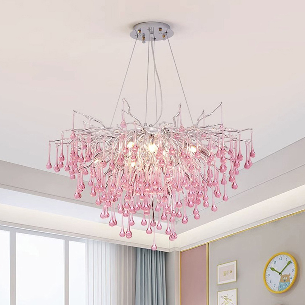 Люстра серебрянная с розовыми стеклянными подвесками в форме капель FAIRYTREE Light