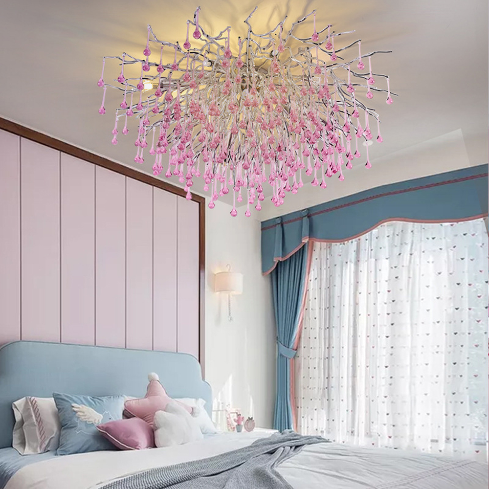Люстра серебрянная с розовыми стеклянными подвесками в форме капель FAIRYTREE Light