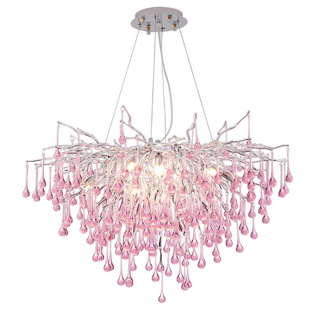 Люстра серебрянная с розовыми стеклянными подвесками в форме капель FAIRYTREE Light