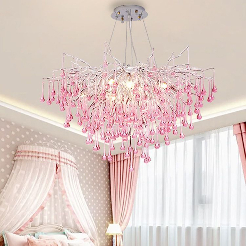 Люстра серебрянная с розовыми стеклянными подвесками в форме капель FAIRYTREE Light