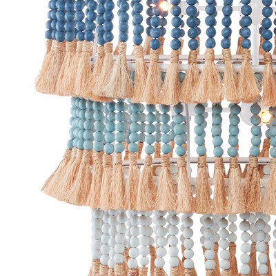 Люстра трехъярусная с декором из круглых деревянных бусин с кисточками Blue Wooden Beads Chandelier