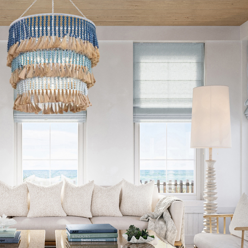 Люстра трехъярусная с декором из круглых деревянных бусин с кисточками Blue Wooden Beads Chandelier