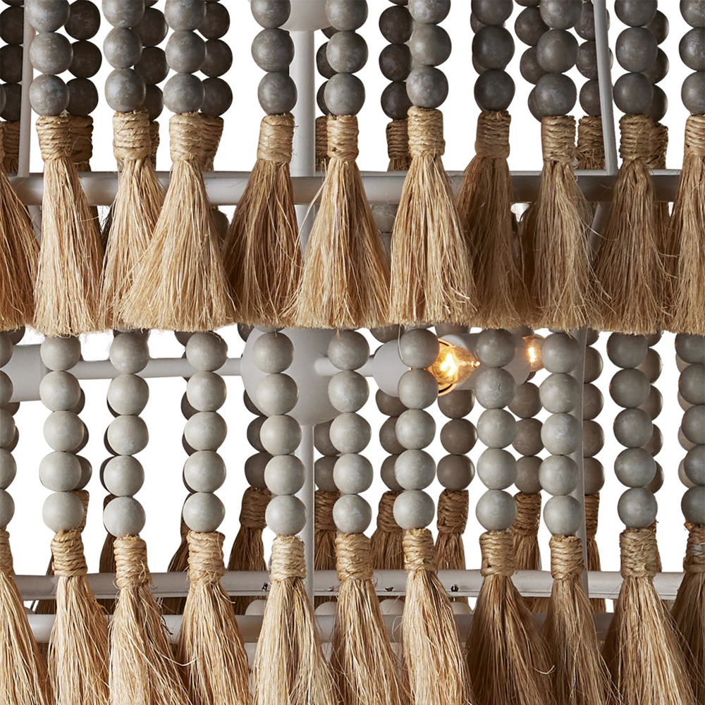 Люстра трехъярусная с декором из круглых деревянных бусин с кисточками Gray Brown Wooden Beads Chandelier