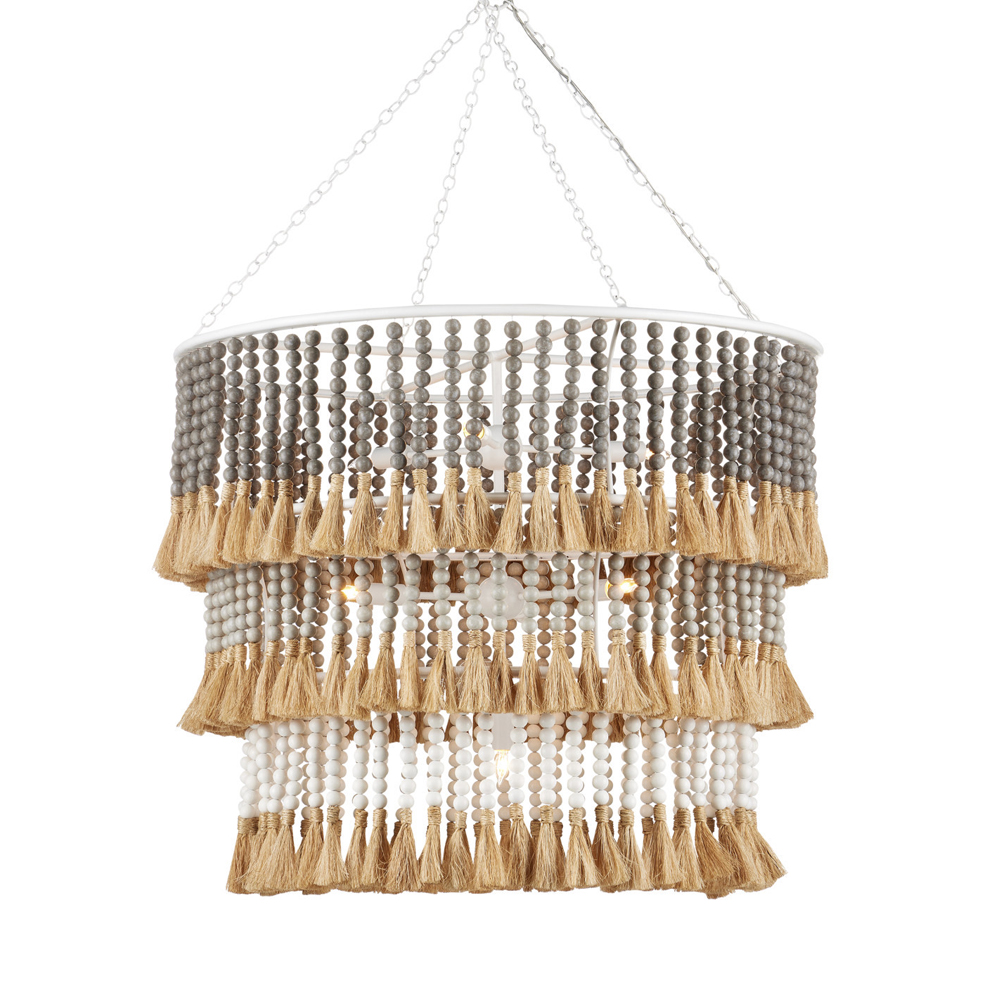 Люстра трехъярусная с декором из круглых деревянных бусин с кисточками Gray Brown Wooden Beads Chandelier