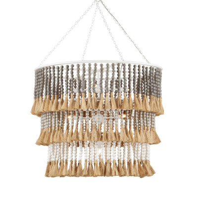 Люстра трехъярусная с декором из круглых деревянных бусин с кисточками Gray Brown Wooden Beads Chandelier