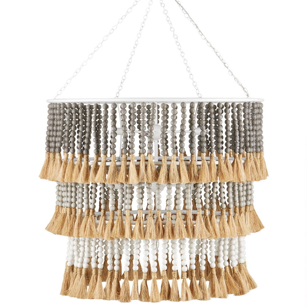 Люстра трехъярусная с декором из круглых деревянных бусин с кисточками Gray Brown Wooden Beads Chandelier