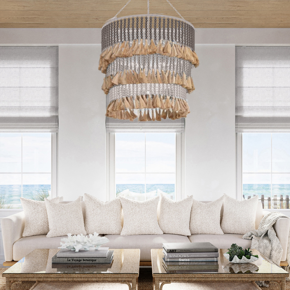 Люстра трехъярусная с декором из круглых деревянных бусин с кисточками Gray Brown Wooden Beads Chandelier