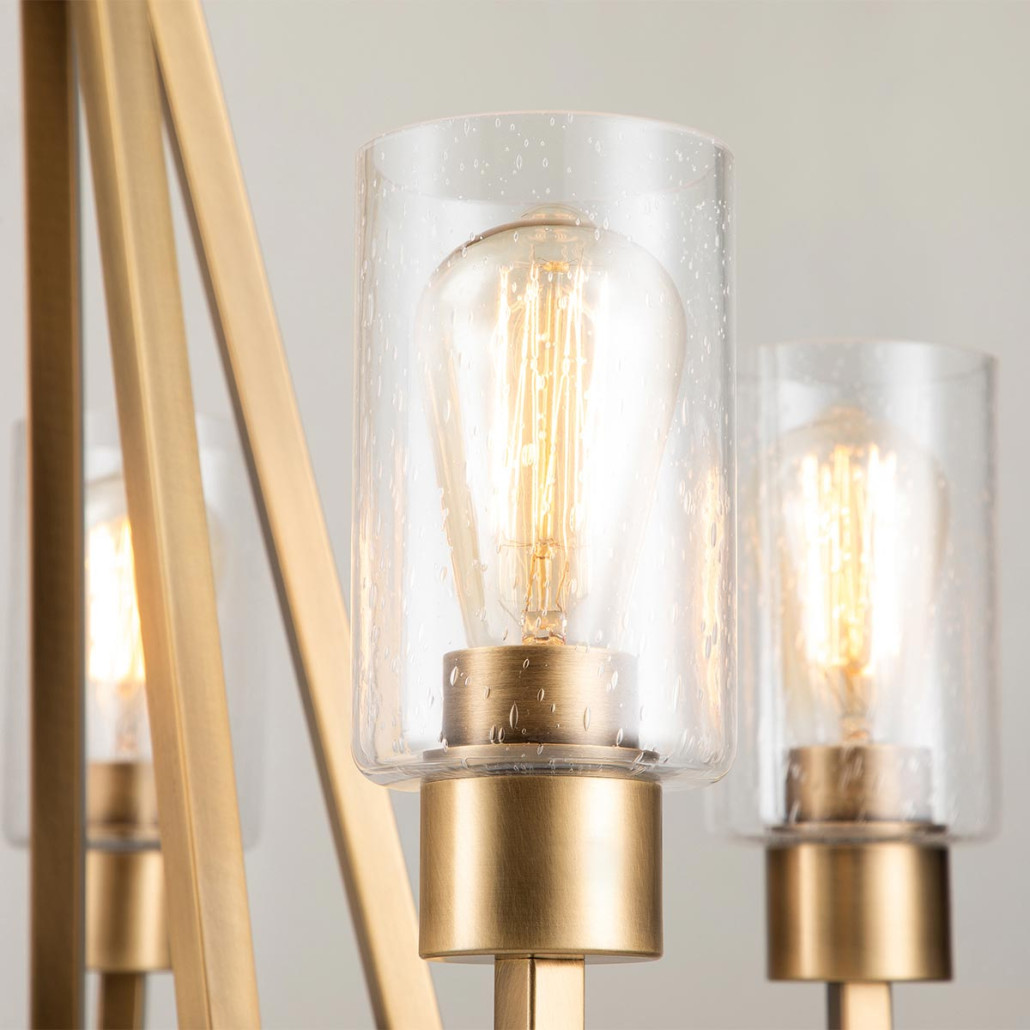 Люстра цвета латунь с 5-ю цилиндрическими плафонами из прозрачного пузырчатого стекла Kichler