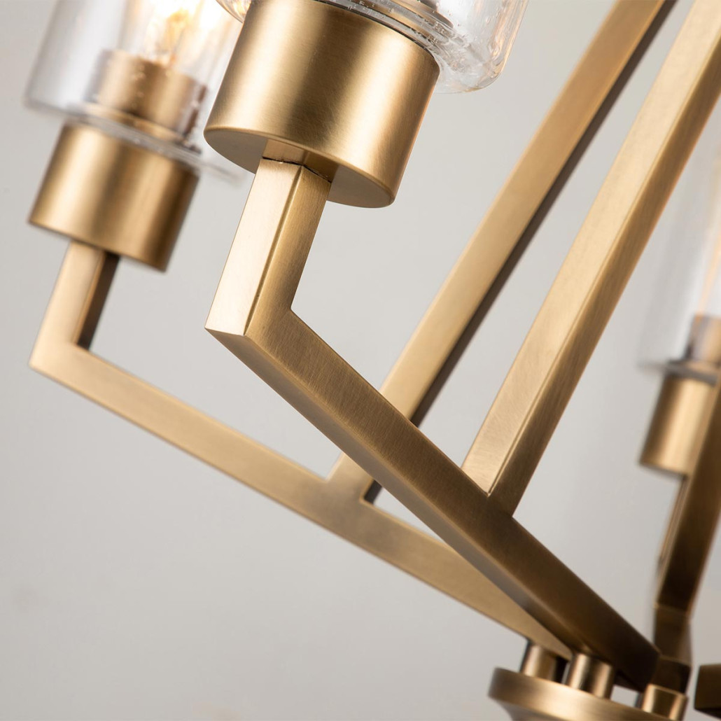 Люстра цвета латунь с 5-ю цилиндрическими плафонами из прозрачного пузырчатого стекла Kichler