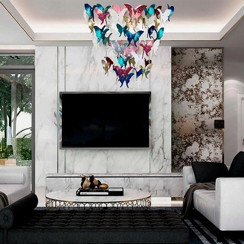 Люстра Цветные Бабочки Жемчужно-серая база Night Butterflies Chandelier Multi Color