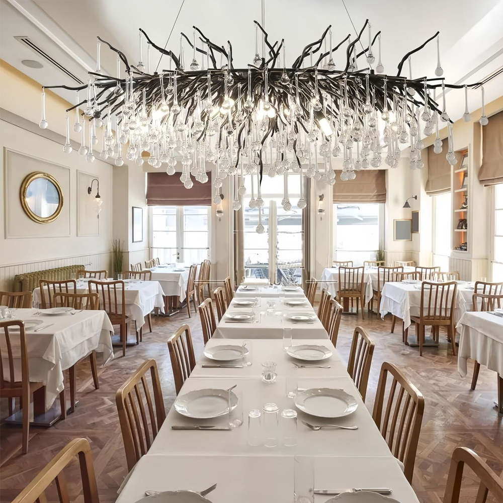 Люстра черная овальная с прозрачными стеклянными подвесками в форме капель FAIRYTREE Light