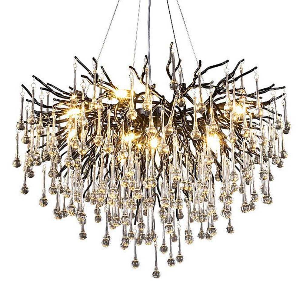 Люстра черная с прозрачными стеклянными подвесками в форме капель FAIRYTREE Light