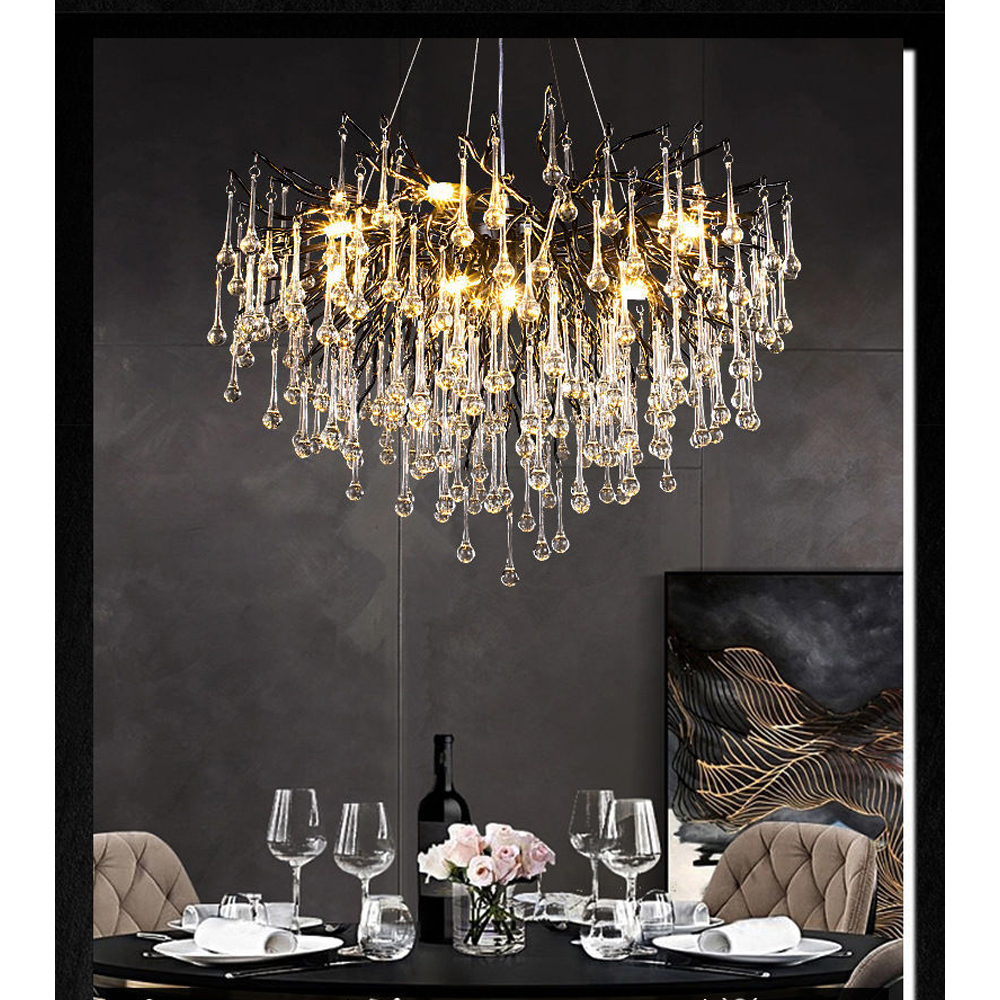 Люстра черная с прозрачными стеклянными подвесками в форме капель FAIRYTREE Light