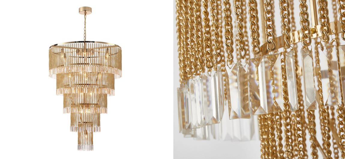Многоярусная люстра с подвесками из хрусталя на золотых цепочках Goldy
