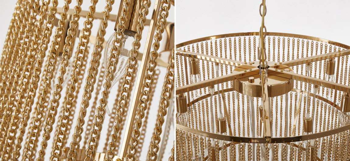 Многоярусная люстра с подвесками из хрусталя на золотых цепочках Goldy