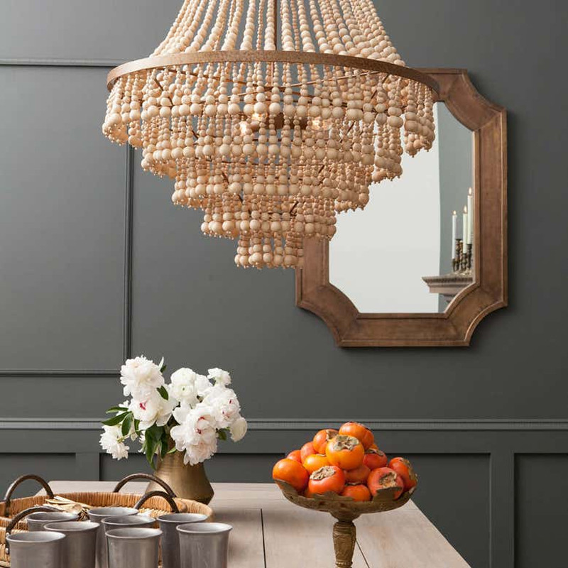 Многоярусная люстра украшенная круглыми деревянными бусами Wooden Beads Chandelier L