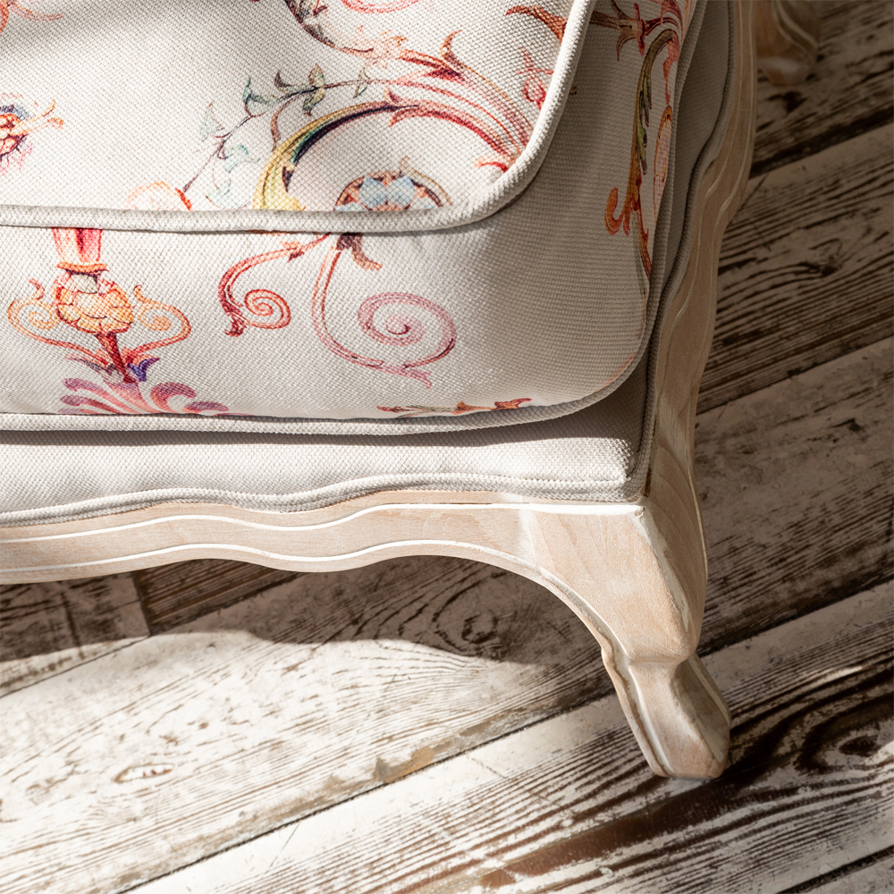 Мягкая банкетка из массива бука серая с растительным орнаментом Raffael Grey Floral Banquette